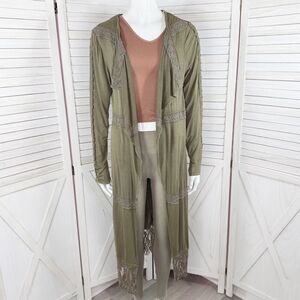 Gimmicks by BKE Buckle Boho Lace Trim Cardigan Duster Olive Green Small